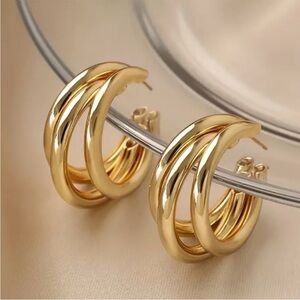 Gold Triple Hoop Women’s Earrings - Elegant Layered Design
